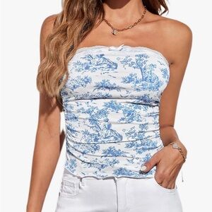 Amazon Blue and White Lace Trim Top